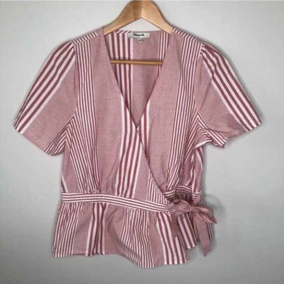 ❤️🤍 Madewell Cotton Ruffle-Hem Wrap Top in Stripe Mix, M - Picture 3 of 10